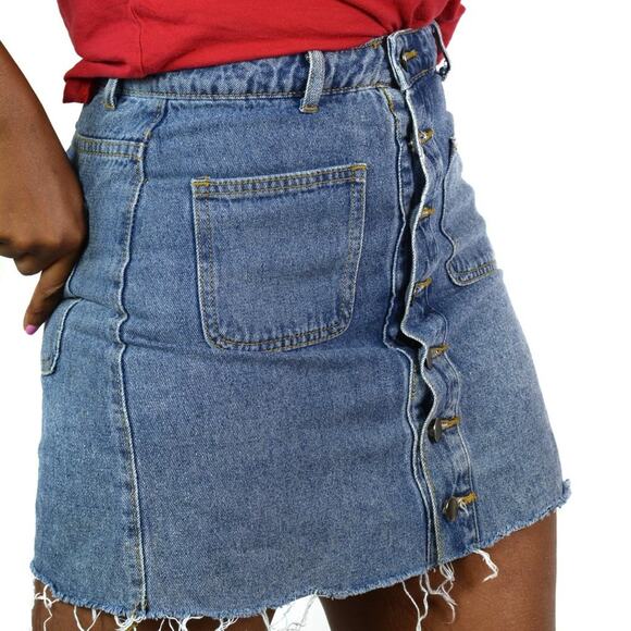 Newbury Kustom Denim Skirt Blue Jean Button Front Mini Rigid Frayed Size Small - Picture 4 of 12